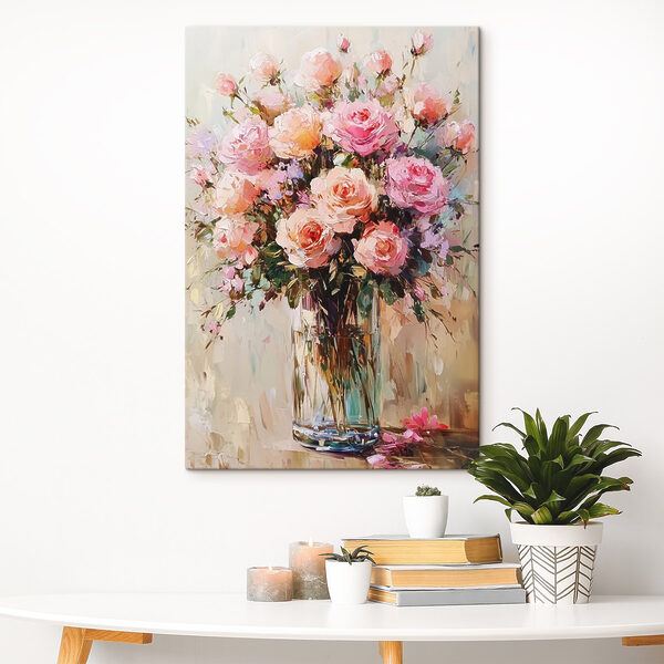 Schilderij van een boeket roze rozen Schilderij van een boeket roze rozen