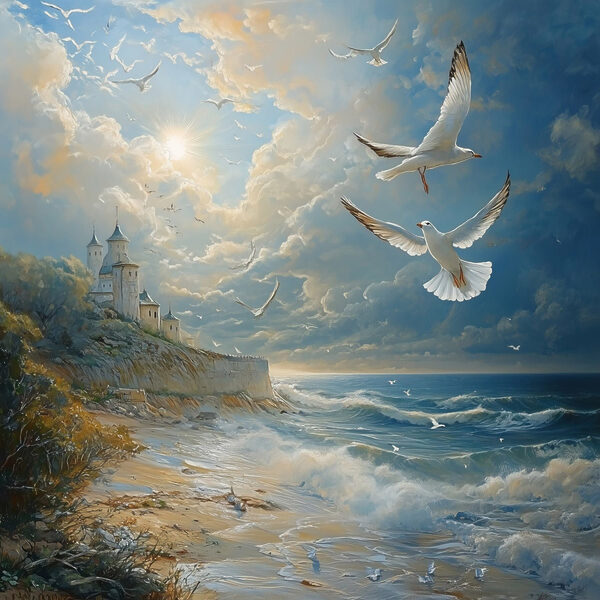 Schilderij van vogels vliegend over een strand Schilderij van vogels vliegend over een strand
