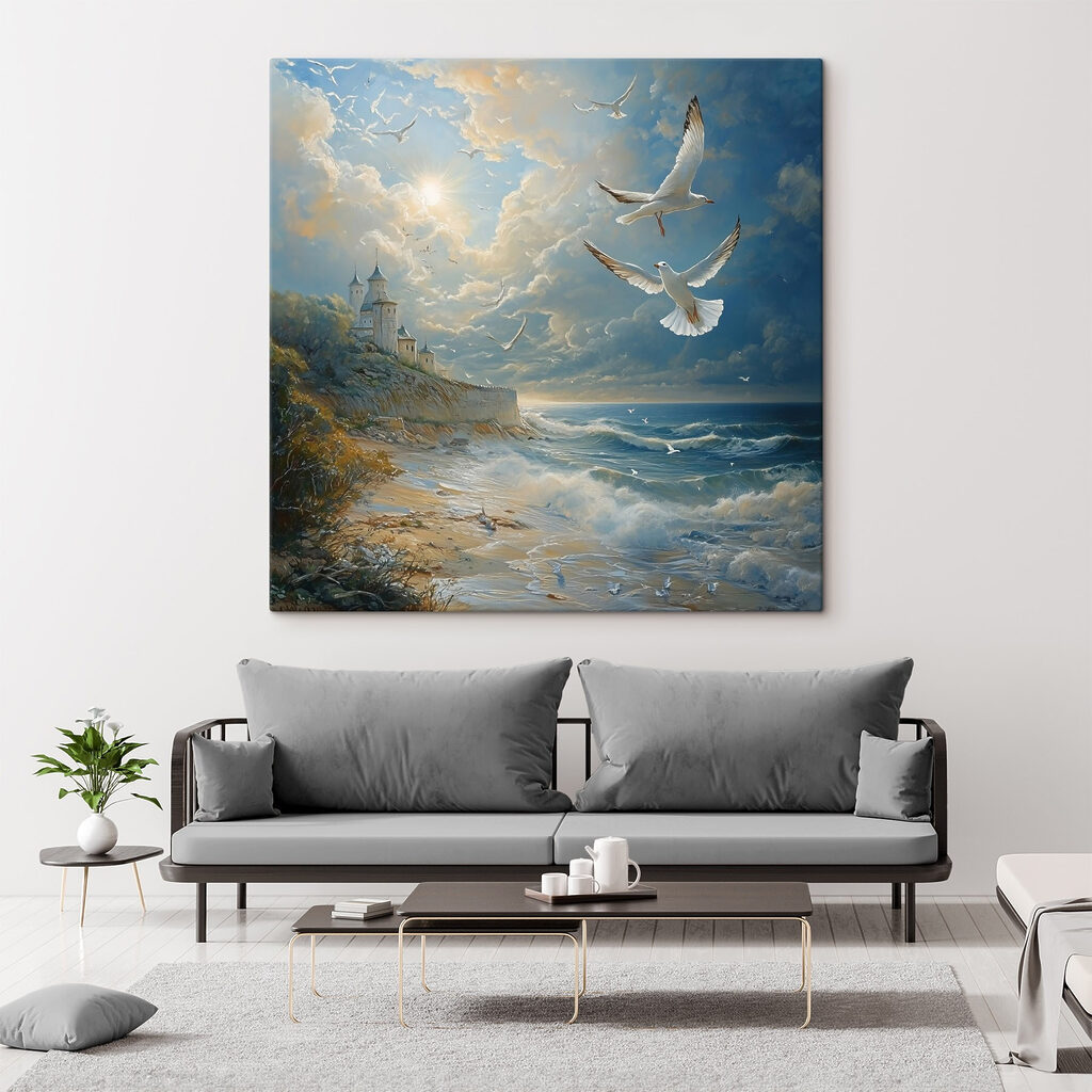 Painting of birds flying over a beach