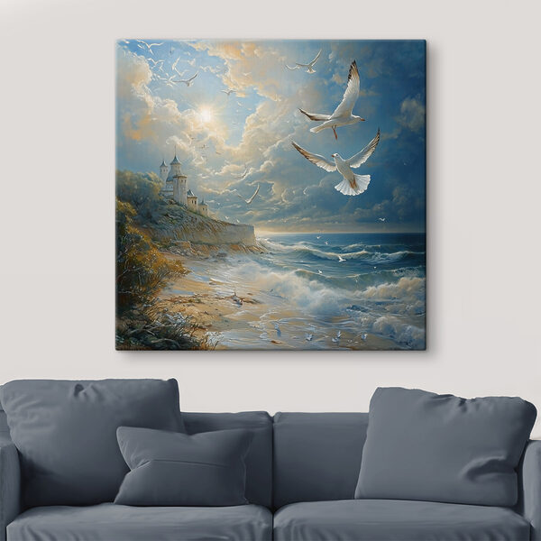 Schilderij van vogels vliegend over een strand Schilderij van vogels vliegend over een strand