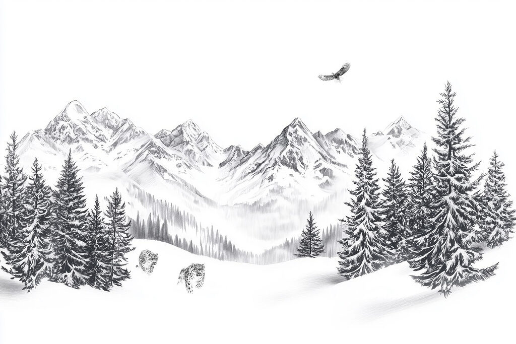 Besneeuwd berglandschap met bomen en een vogel die erover vliegt Besneeuwd berglandschap met bomen en een vogel die erover vliegt