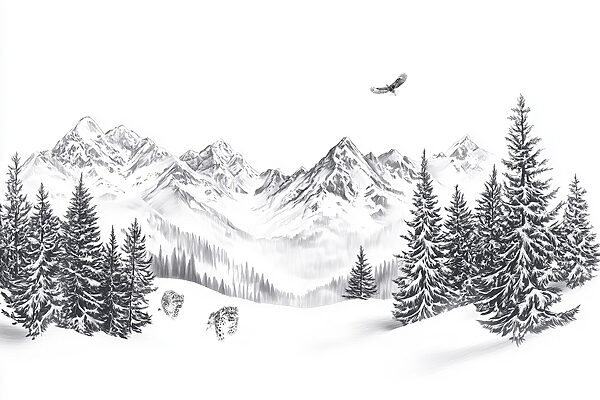 Besneeuwd berglandschap met bomen en een vogel die erover vliegt Besneeuwd berglandschap met bomen en een vogel die erover vliegt