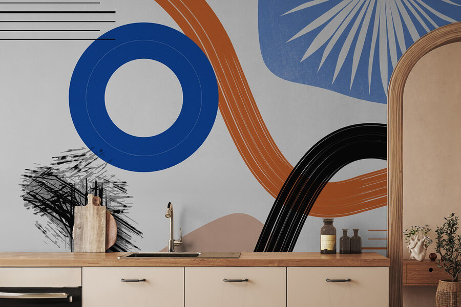 Kleurrijk kunstwerk met lijnen en cirkels