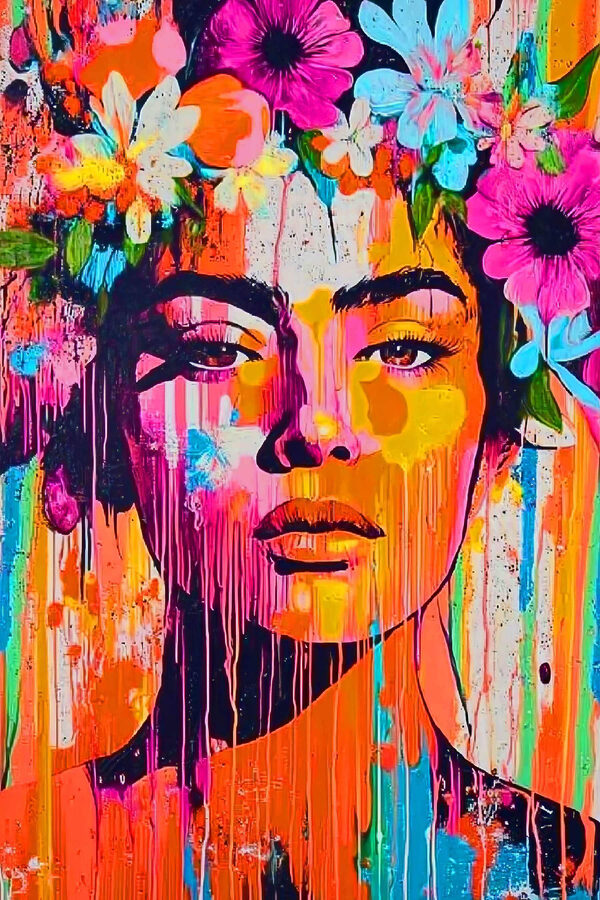 Schilderij van een vrouw met bloemen op haar hoofd Schilderij van een vrouw met bloemen op haar hoofd