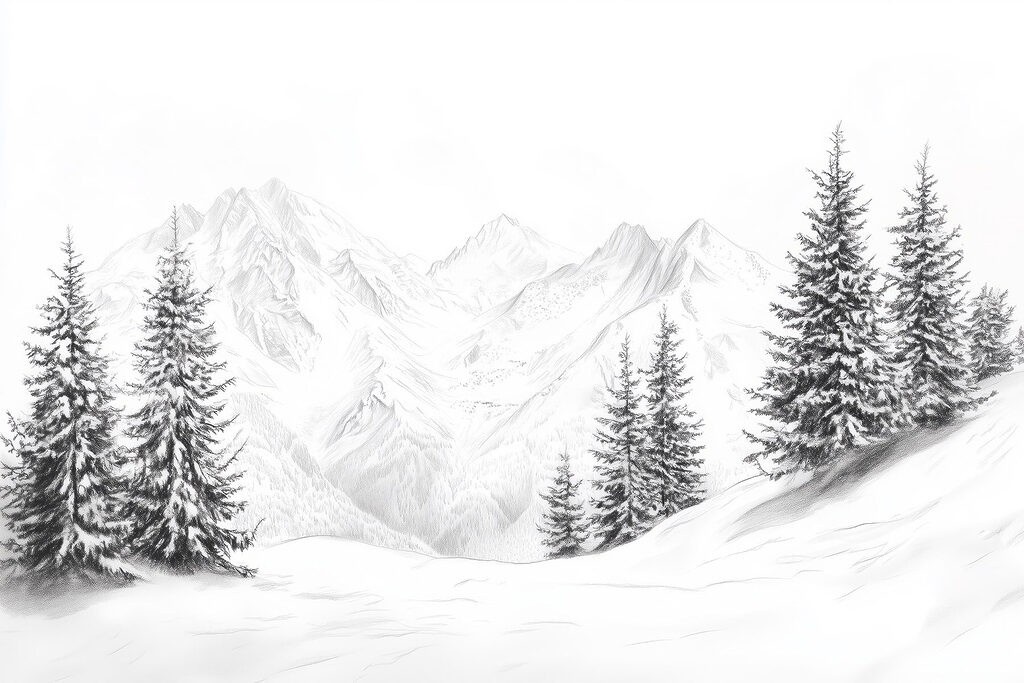 Tekening van een besneeuwde bergketen Tekening van een besneeuwde bergketen