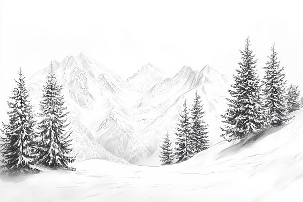 Tekening van een besneeuwde bergketen Tekening van een besneeuwde bergketen