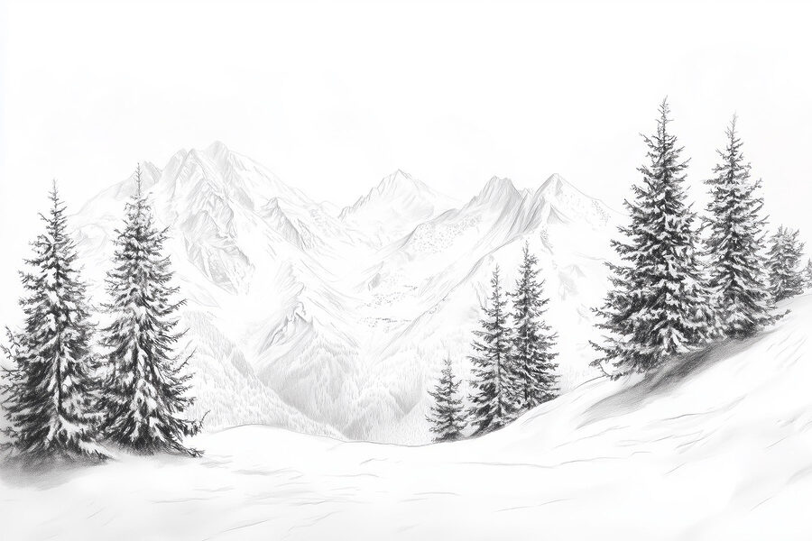 Tekening van een besneeuwde bergketen Tekening van een besneeuwde bergketen