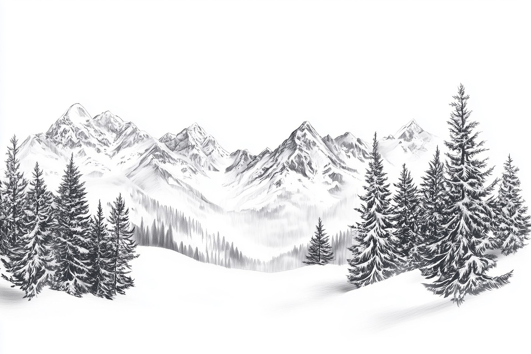 Tekening van een besneeuwde bergketen w02352p - Tekening van een besneeuwde bergketen