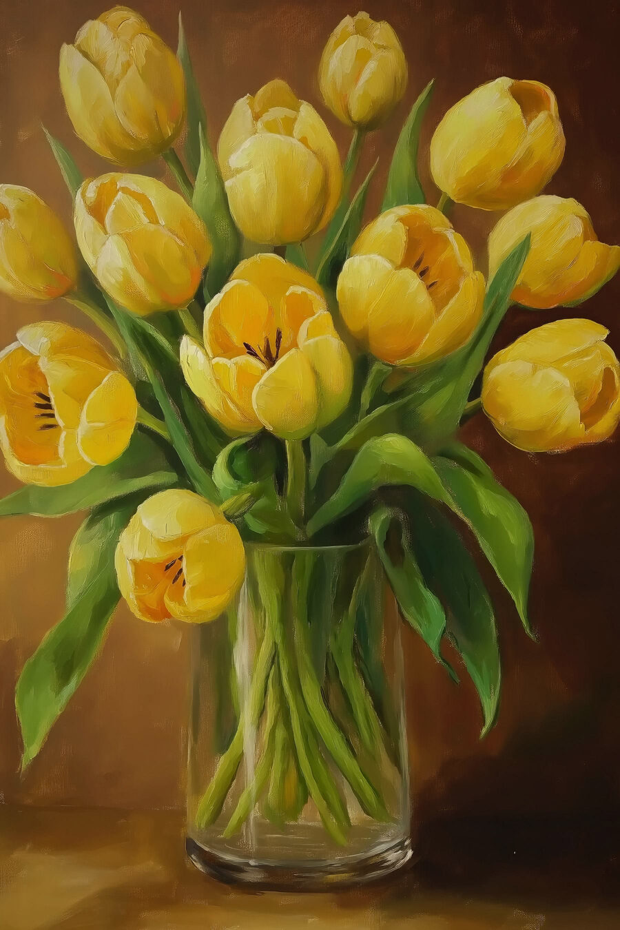 Schilderij van gele tulpen in een glazen vaas Schilderij van gele tulpen in een glazen vaas