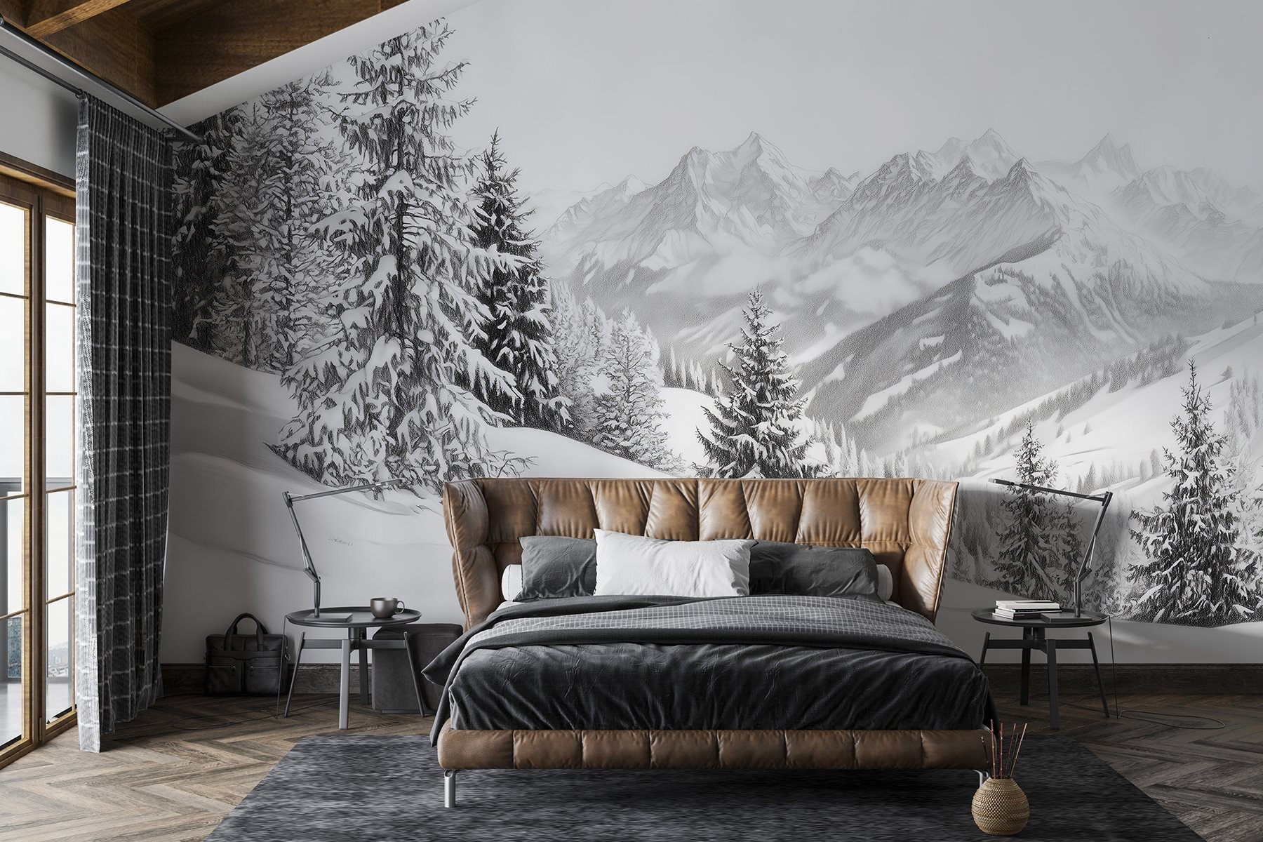 Snowy mountain with trees and mountains in the background Snowy mountain with trees and mountains in the background