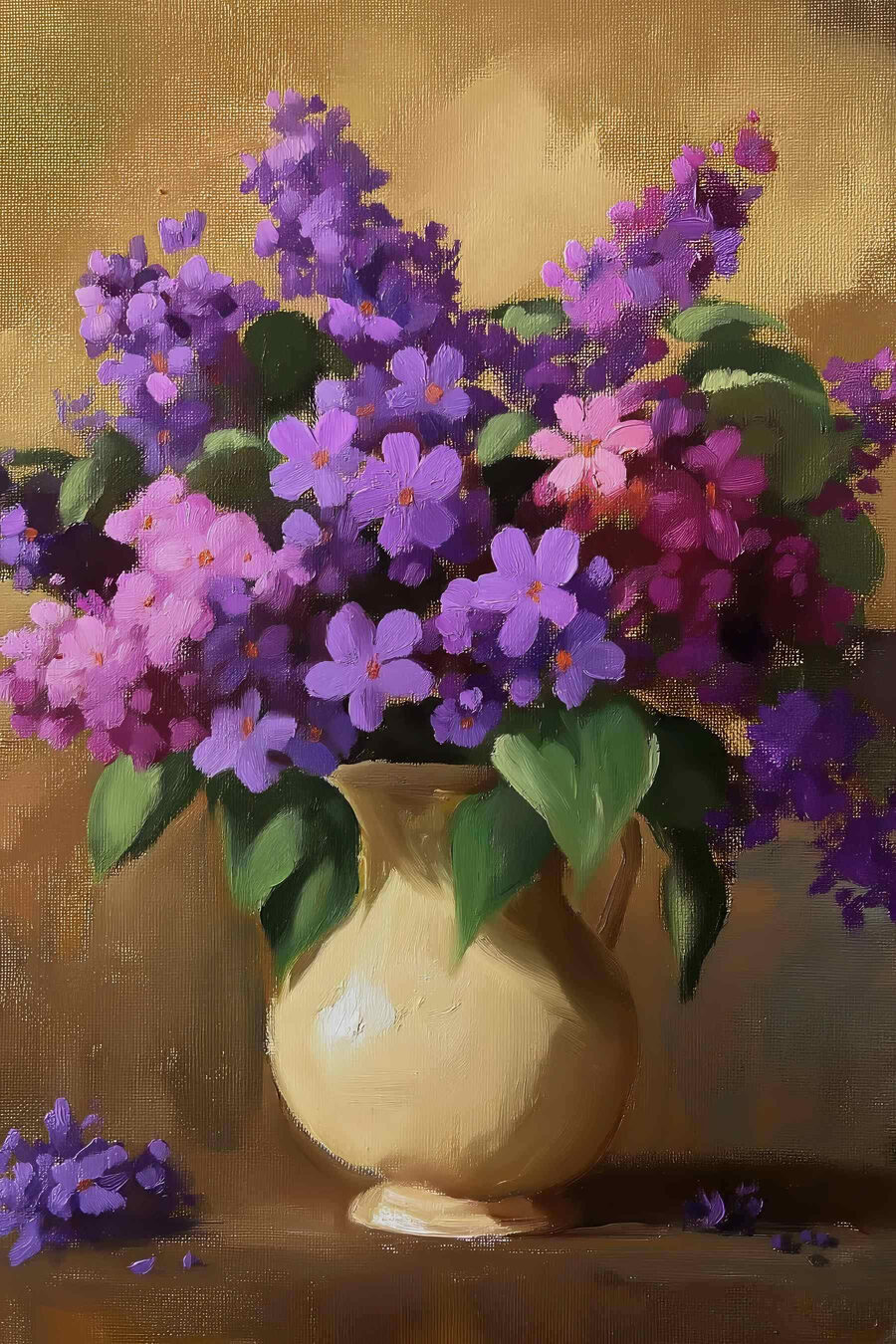 Schilderij van paarse bloemen in een vaas