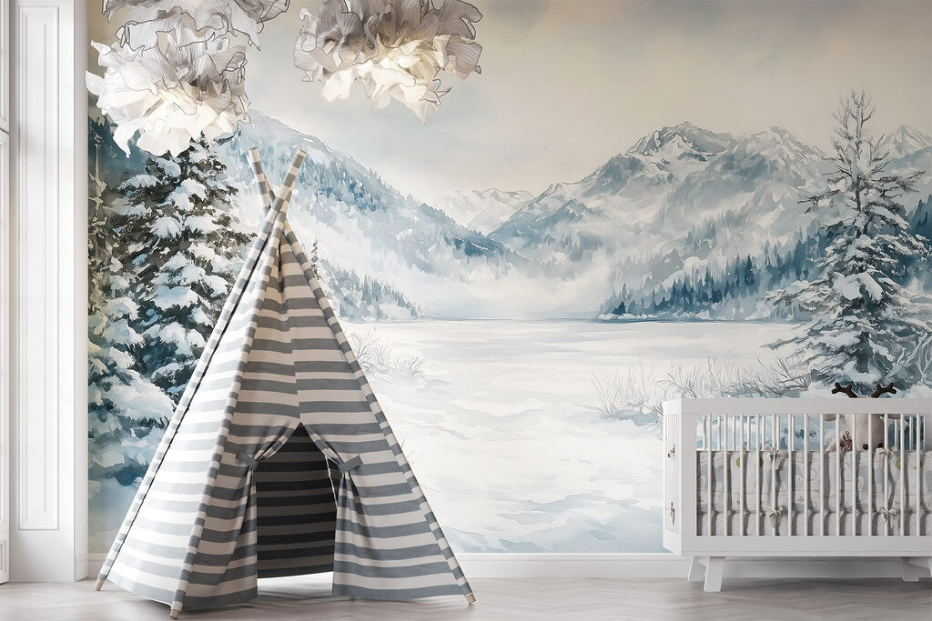 Snowy landscape with trees and mountains Snowy landscape with trees and mountains