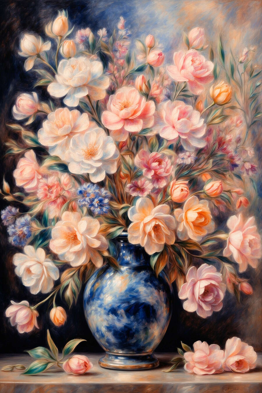 Schilderij van bloemen in een blauwe vaas