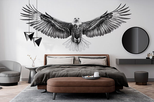Zwart-wit afbeelding van een vliegende vogel Fotobehang Zwart-wit afbeelding van een vliegende vogel