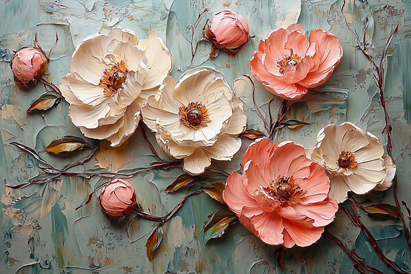 Schilderij van bloemen op een blauw oppervlak Schilderij van bloemen op een blauw oppervlak