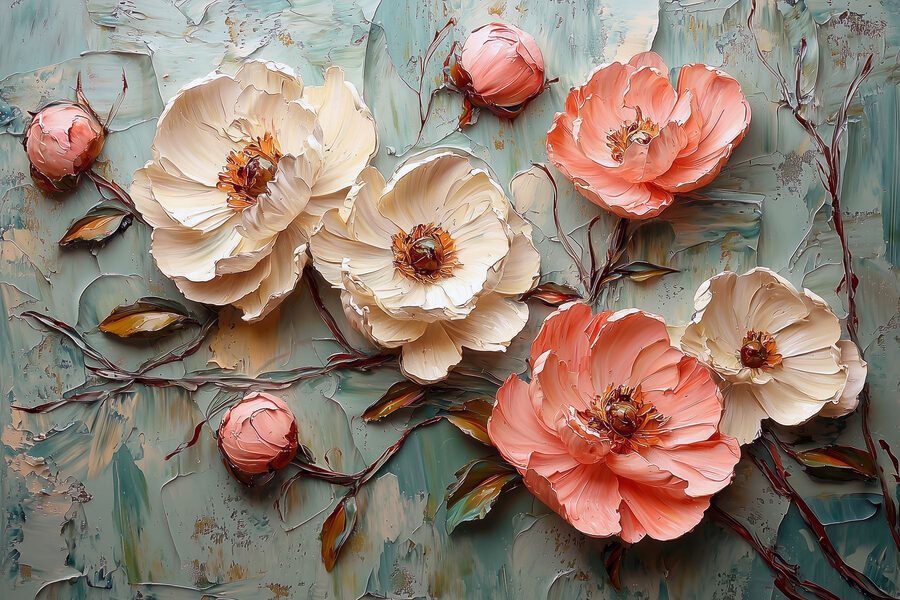 Schilderij van bloemen op een blauw oppervlak