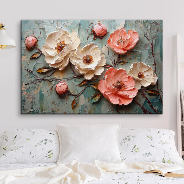 Schilderij van bloemen op een blauw oppervlak Schilderij van bloemen op een blauw oppervlak