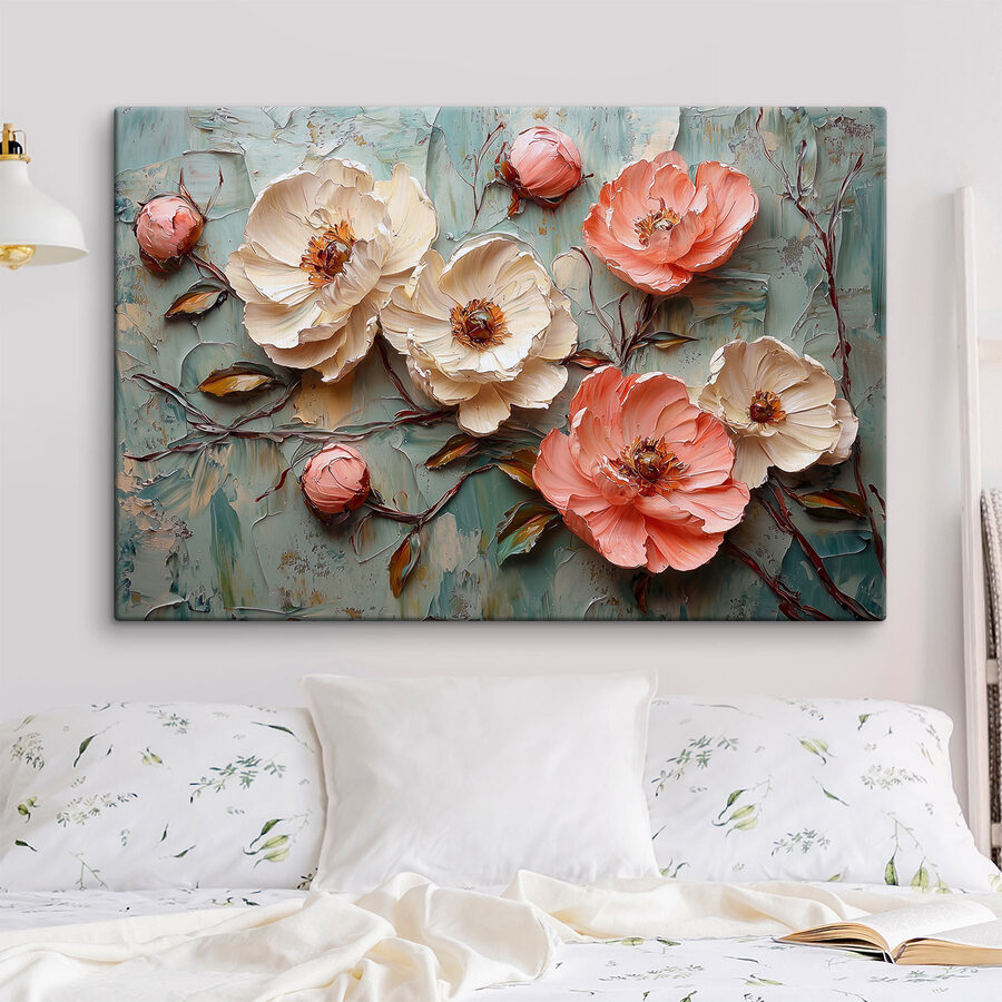 Schilderij van bloemen op een blauw oppervlak