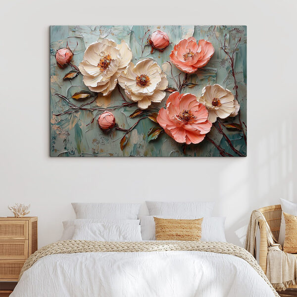 Schilderij van bloemen op een blauw oppervlak Schilderij van bloemen op een blauw oppervlak