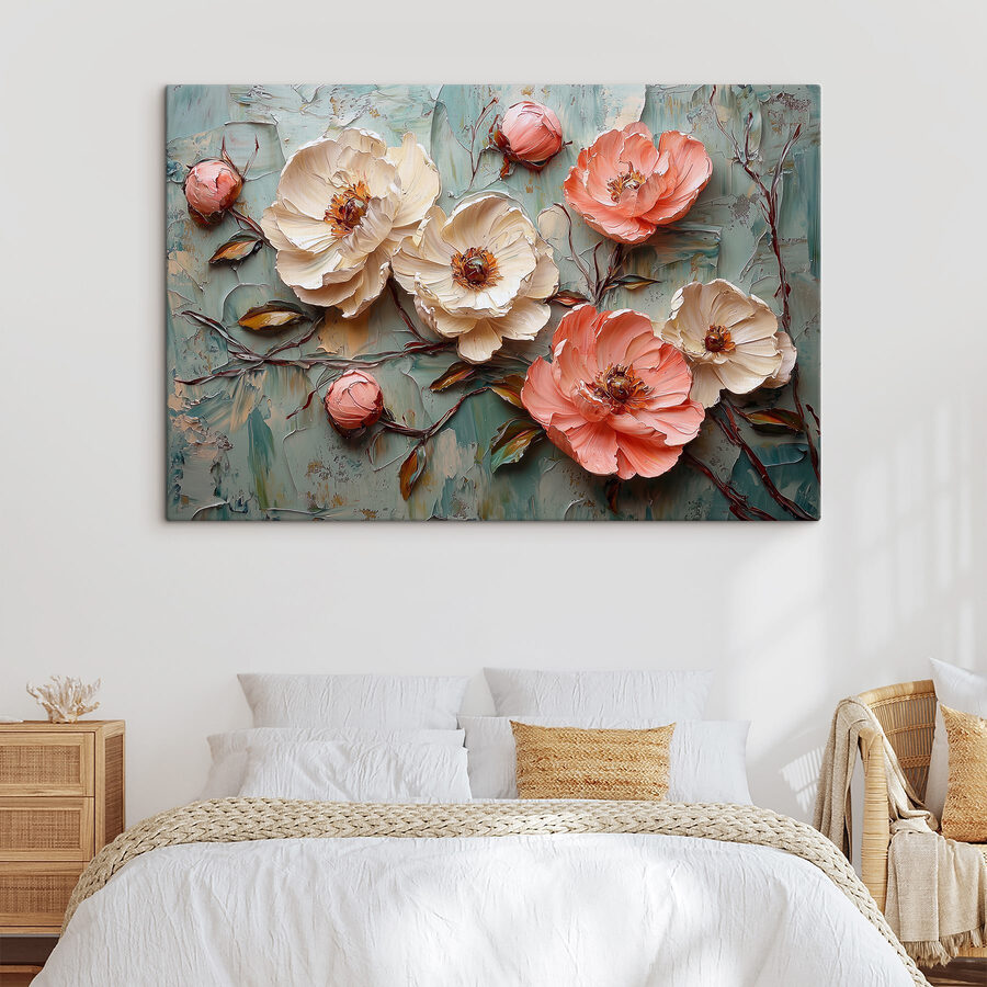 Schilderij van bloemen op een blauw oppervlak