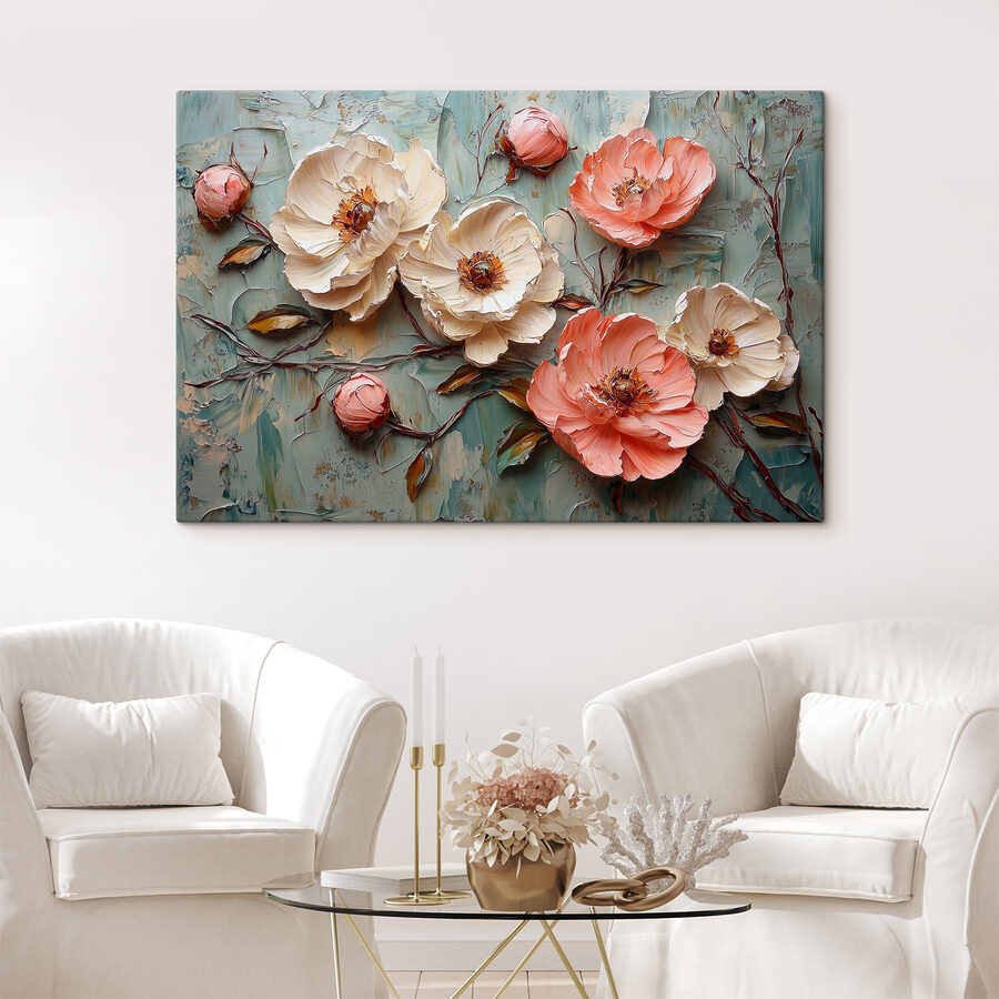 Schilderij van bloemen op een blauw oppervlak