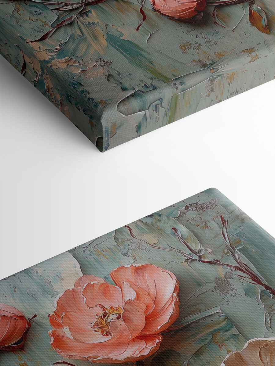 Schilderij van bloemen op een blauw oppervlak
