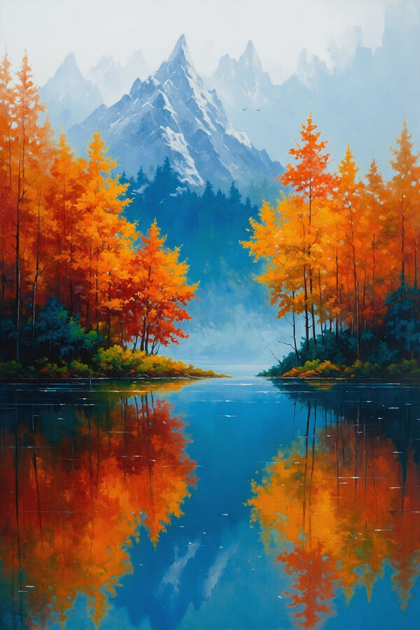 Schilderij van een berg en bomen Schilderij van een berg en bomen