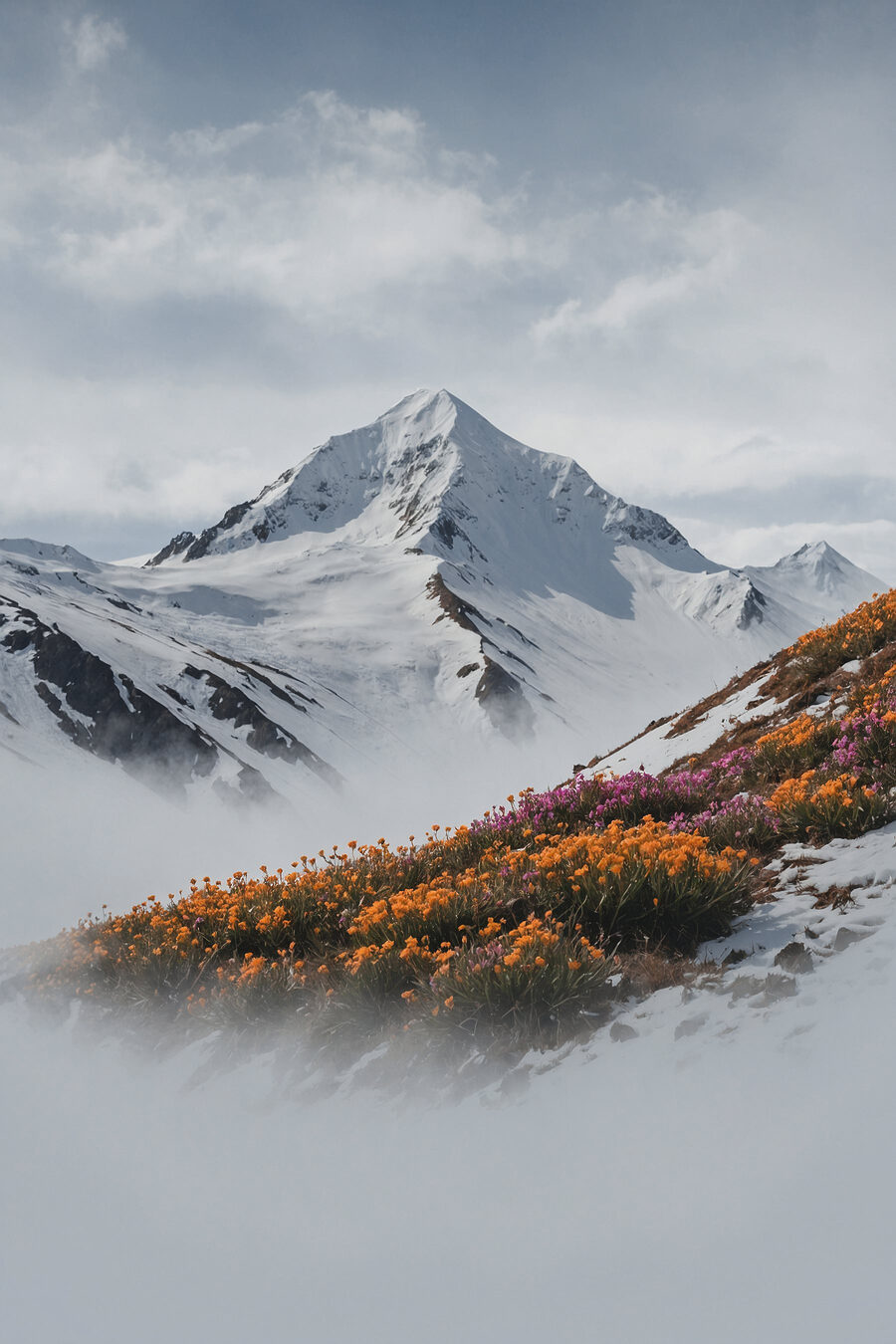 Berg met sneeuw en bloemen