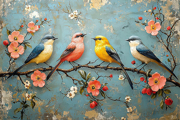 Group of birds on a branch with flowers Group of birds on a branch with flowers