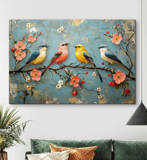 Groep vogels op een tak met bloemen Canvas Schilderijen Groep vogels op een tak met bloemen