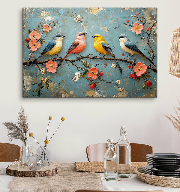 Group of birds on a branch with flowers Group of birds on a branch with flowers