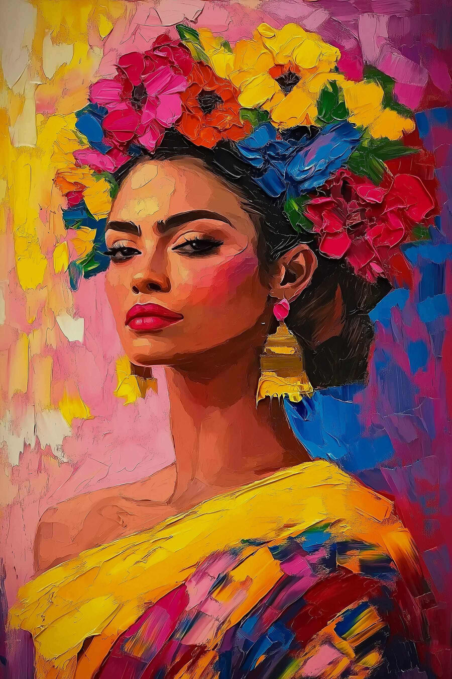 Schilderij van een vrouw met bloemen in haar haar