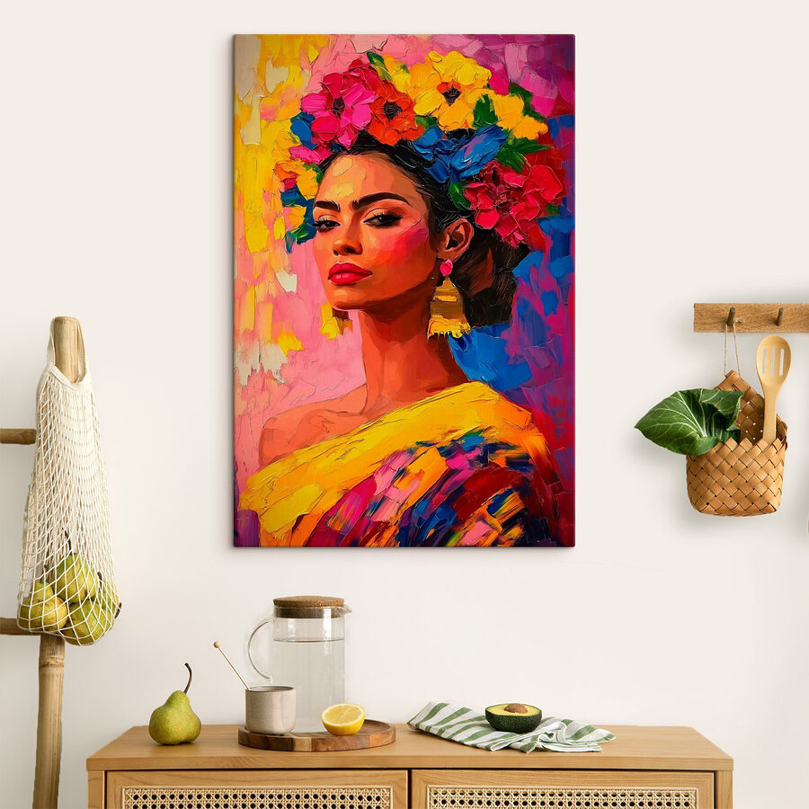 Schilderij van een vrouw met bloemen in haar haar
