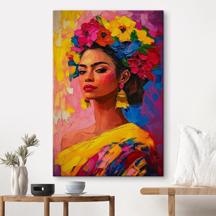 Schilderij van een vrouw met bloemen in haar haar