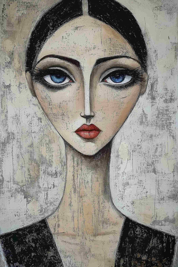 Schilderij van een vrouw met blauwe ogen Schilderij van een vrouw met blauwe ogen