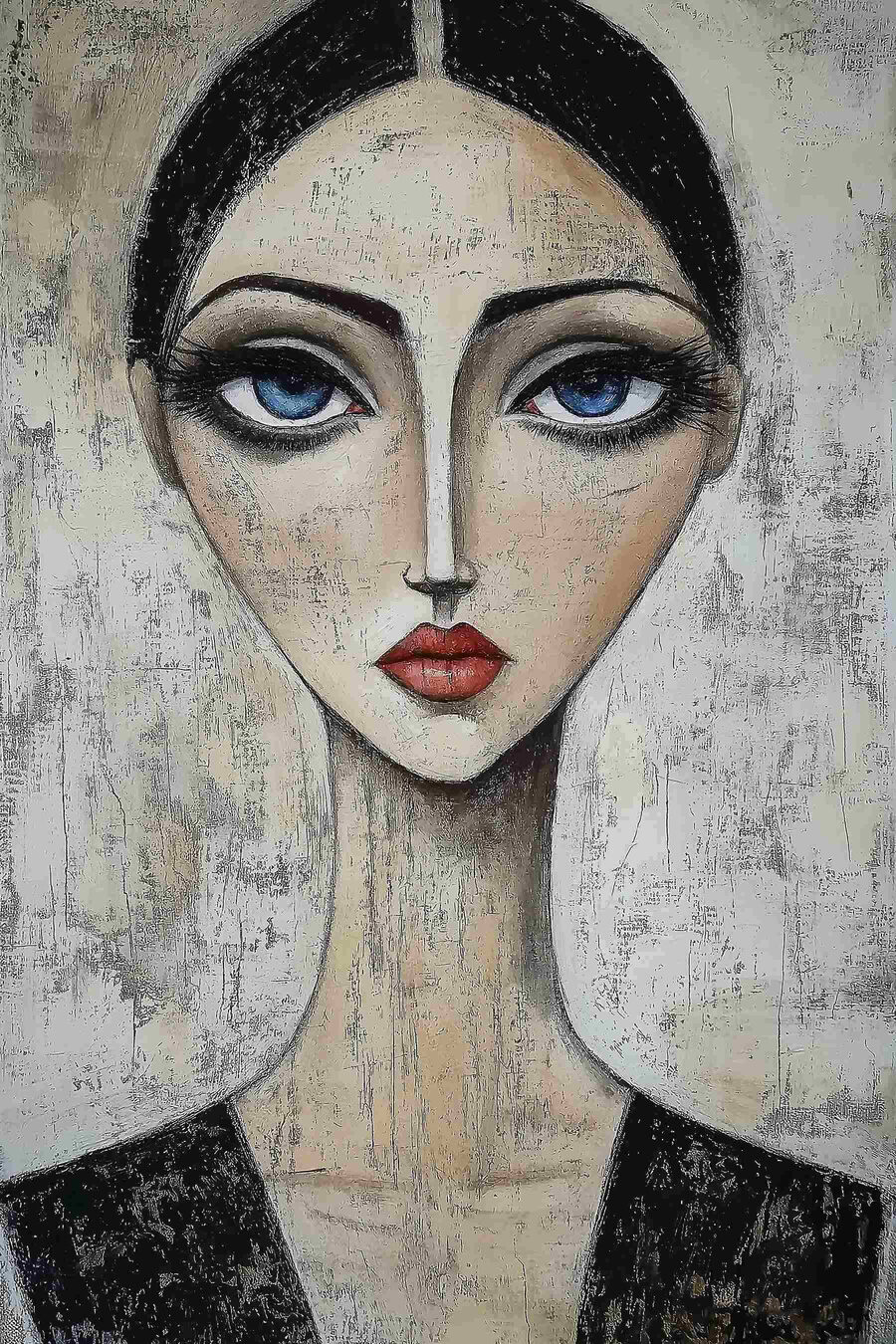 Schilderij van een vrouw met blauwe ogen