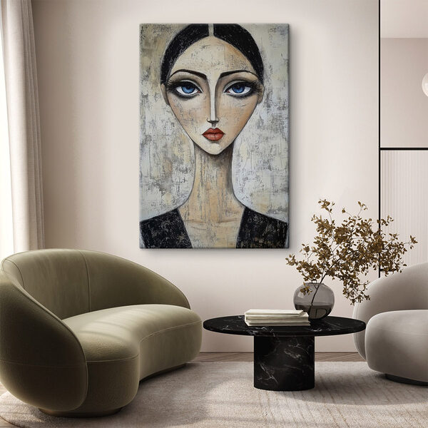 Schilderij van een vrouw met blauwe ogen Schilderij van een vrouw met blauwe ogen