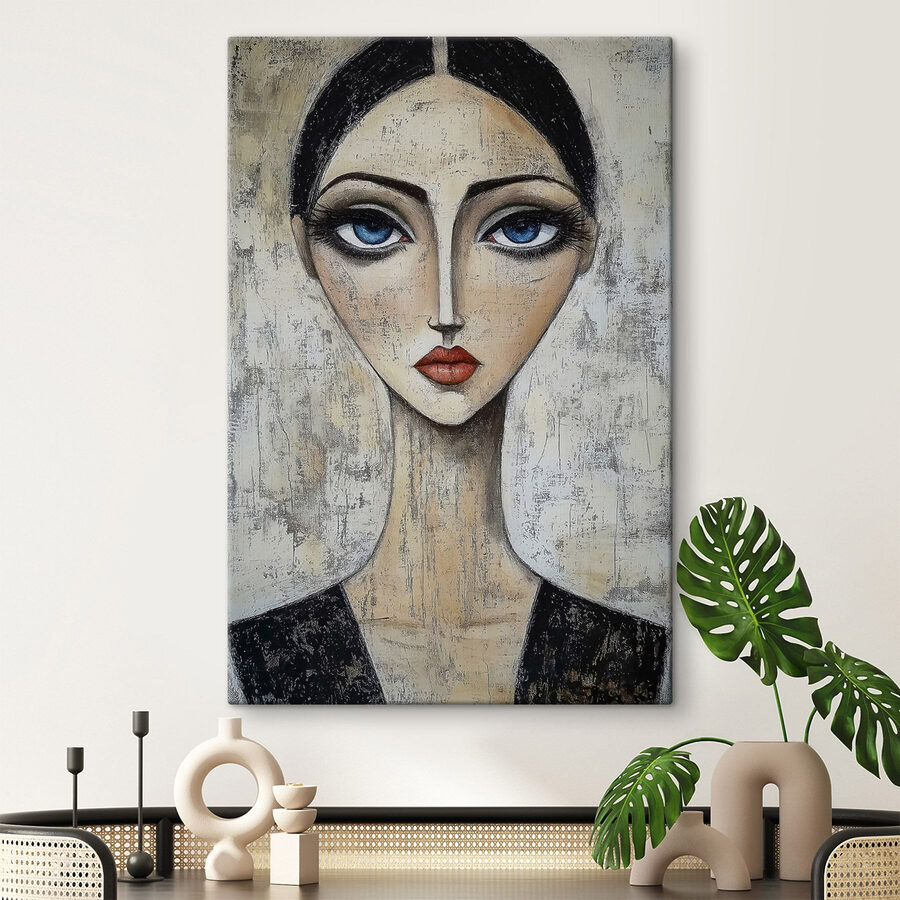 Schilderij van een vrouw met blauwe ogen