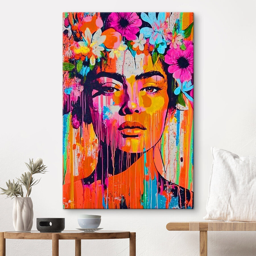 Schilderij van een vrouw met bloemen op haar hoofd Schilderij van een vrouw met bloemen op haar hoofd