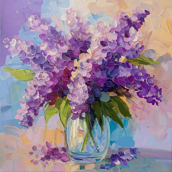 Painting of purple flowers in a glass vase Painting of purple flowers in a glass vase