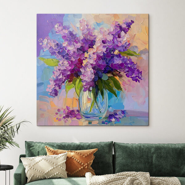 Painting of purple flowers in a glass vase Painting of purple flowers in a glass vase