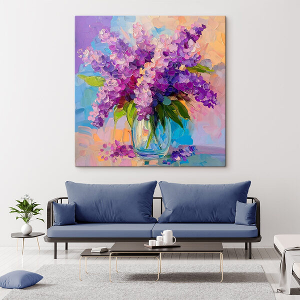 Painting of purple flowers in a glass vase Painting of purple flowers in a glass vase
