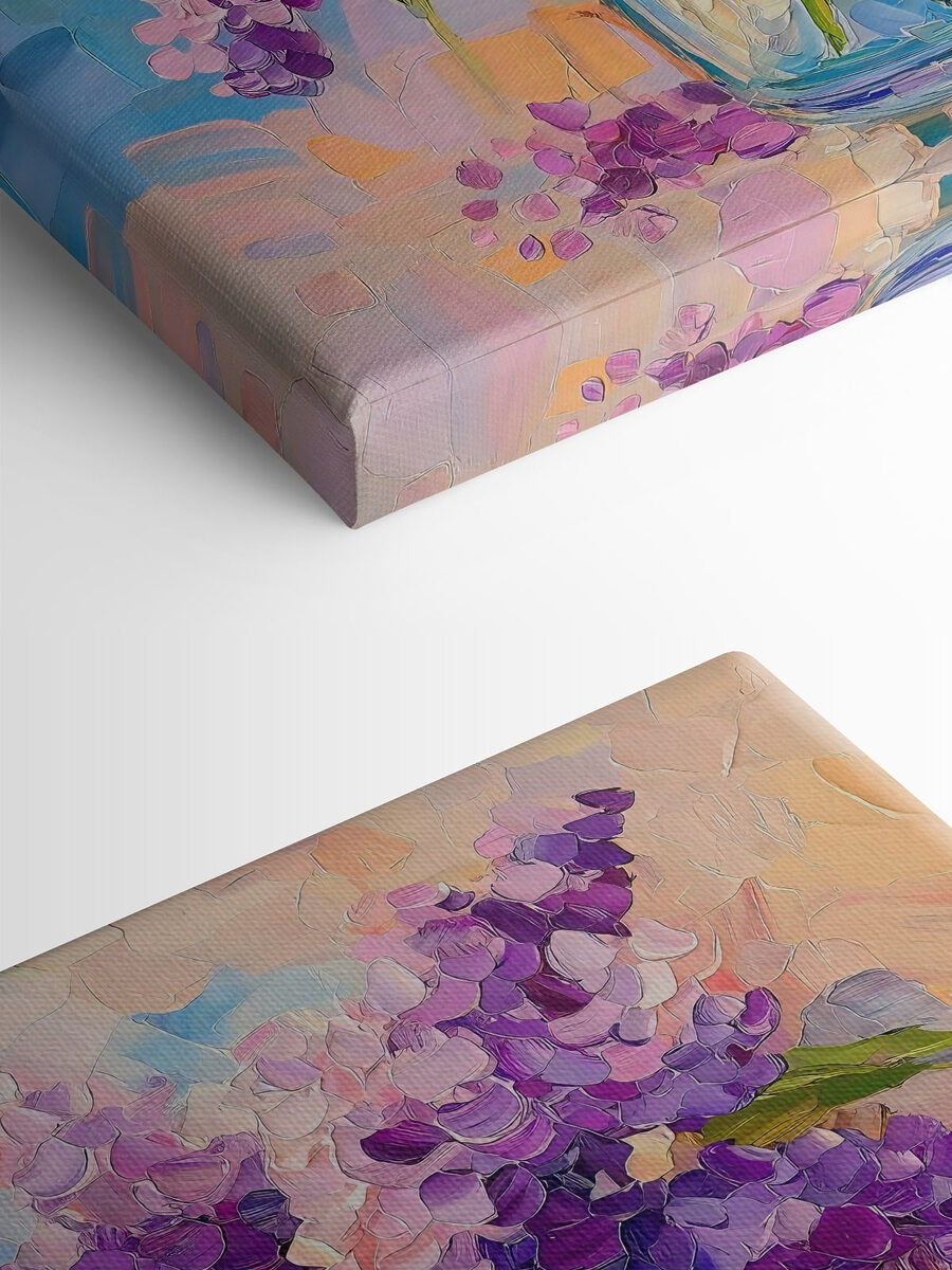 Painting of purple flowers in a glass vase Painting of purple flowers in a glass vase