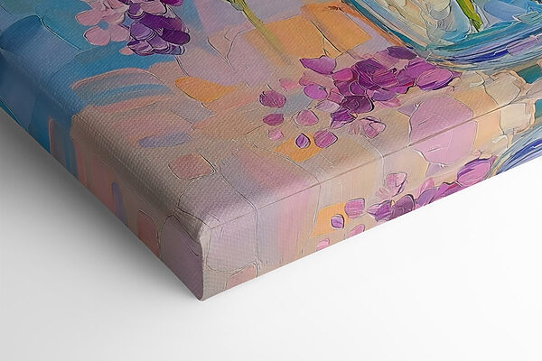 Painting of purple flowers in a glass vase Painting of purple flowers in a glass vase