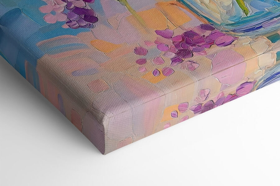 Painting of purple flowers in a glass vase Painting of purple flowers in a glass vase