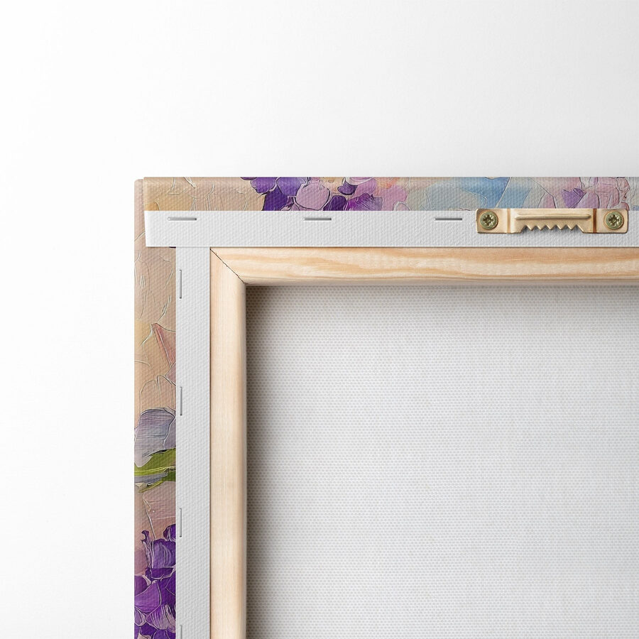 Painting of purple flowers in a glass vase Painting of purple flowers in a glass vase
