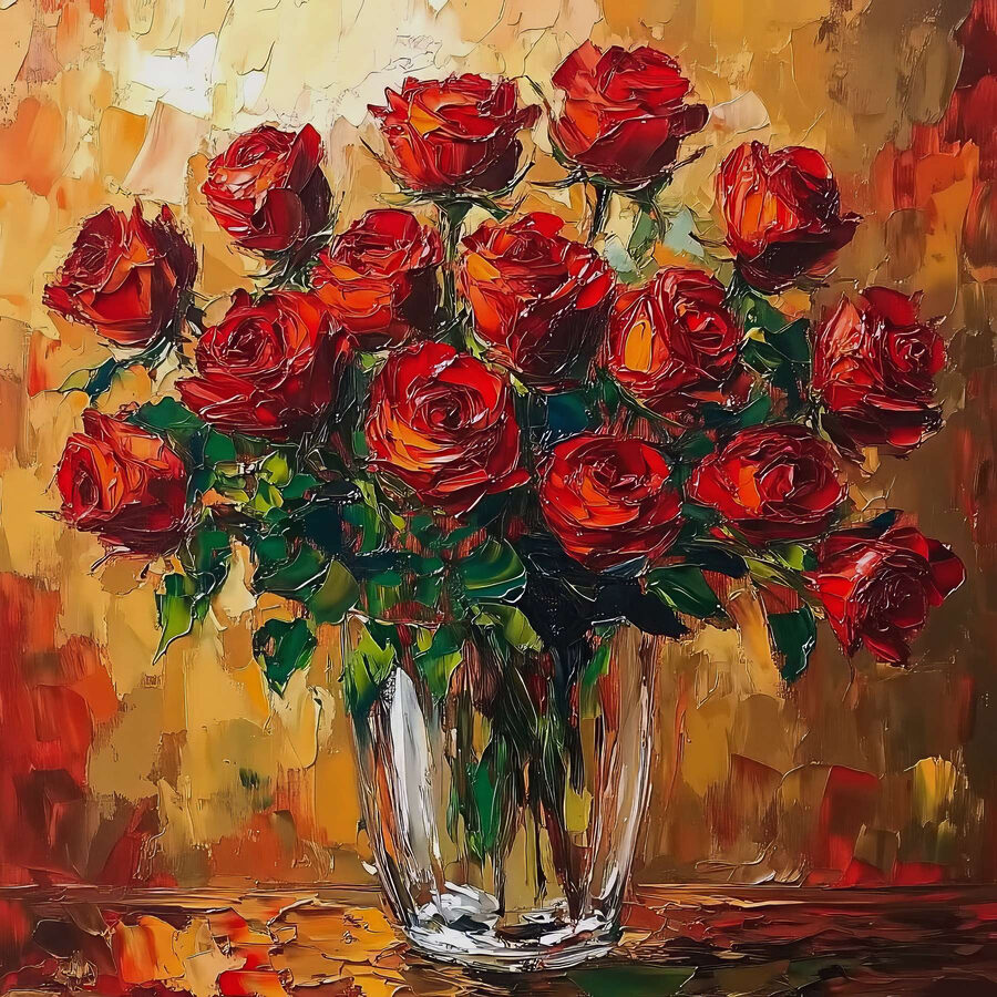 Schilderij van een boeket rode rozen