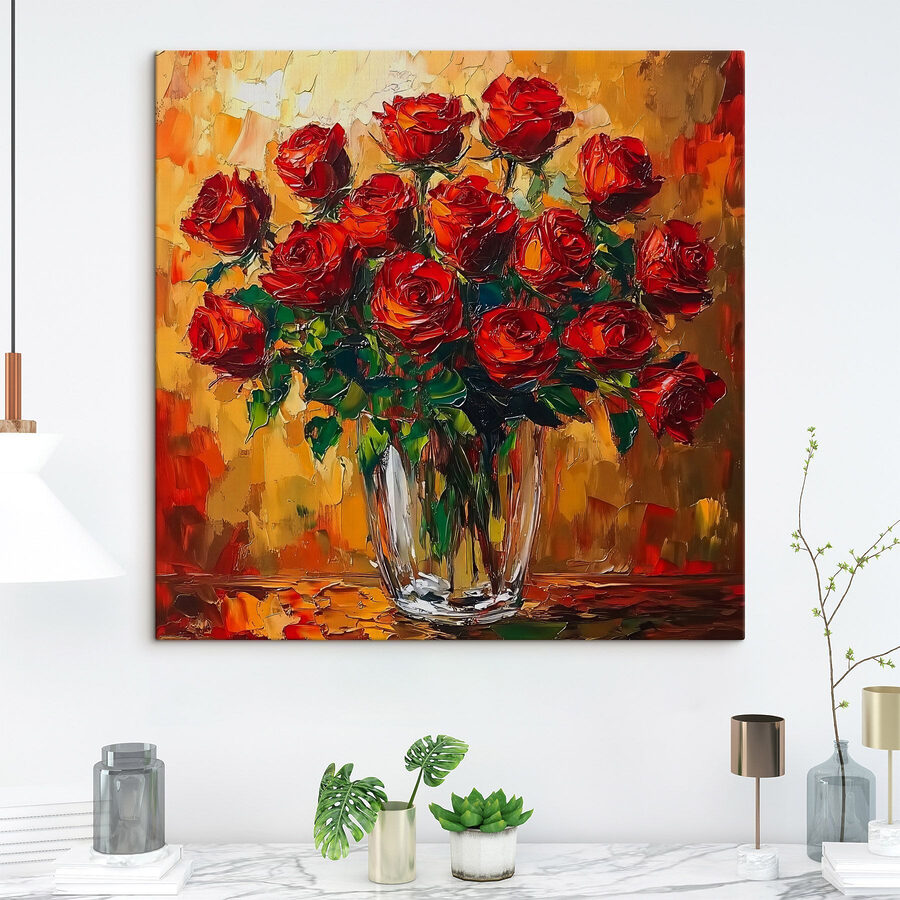 Schilderij van een boeket rode rozen