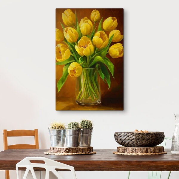 Schilderij van gele tulpen in een glazen vaas Schilderij van gele tulpen in een glazen vaas