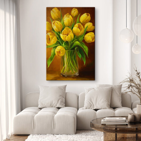 Schilderij van gele tulpen in een glazen vaas Schilderij van gele tulpen in een glazen vaas